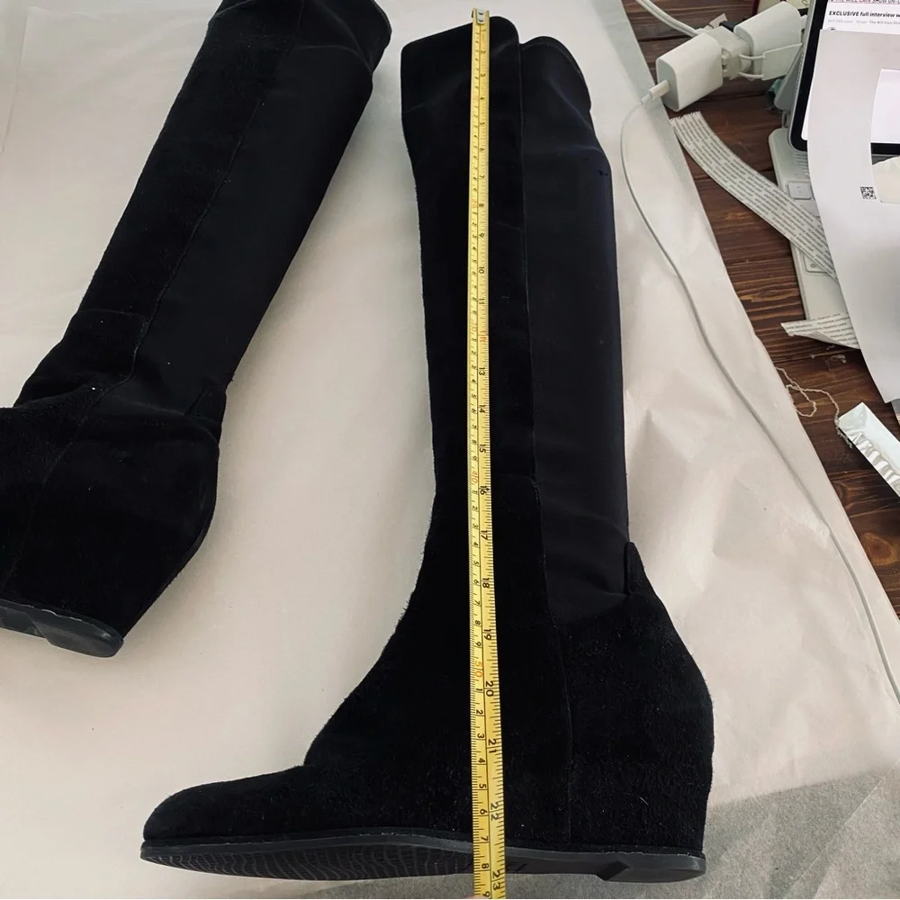 Stuart Weitzman Luxury Classic Black Suede Leather & Neoprene Stretch Calf Boots